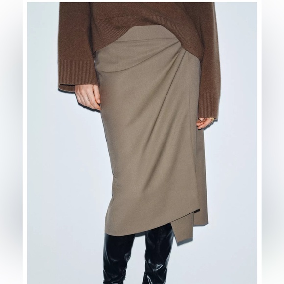 Zara Dresses & Skirts - Zara NWT wool blend tan taupe ruched asymmetrical midi skirt